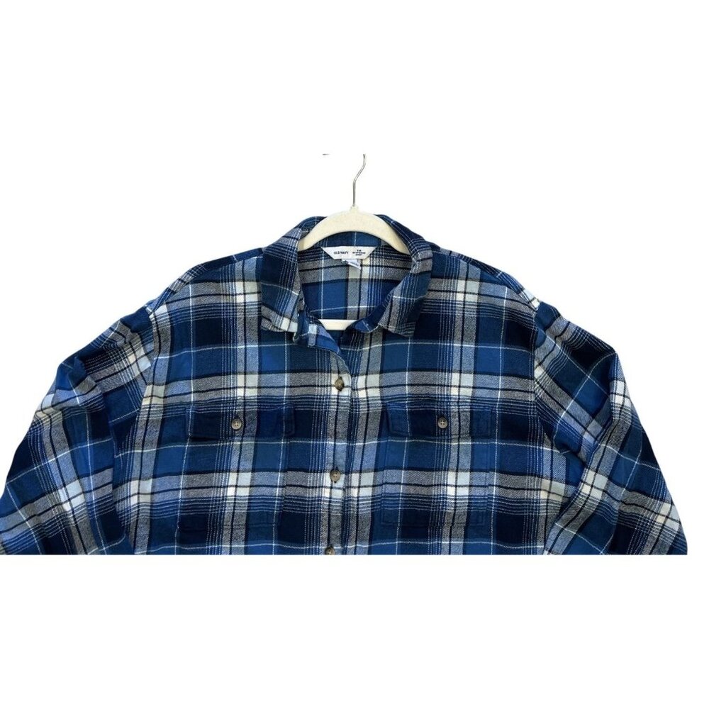 Old Navy The Boyfriend Shirt Blue Plaid Long Sleeve Button-Up Womens Size L - Picture 2 of 6